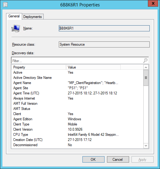 The client is reported in Configuration Manager 2012 R2